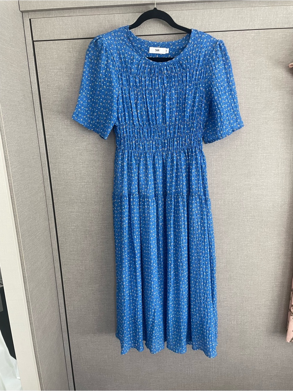 Simons Blue Printed Smocked-Waist Midi Dress